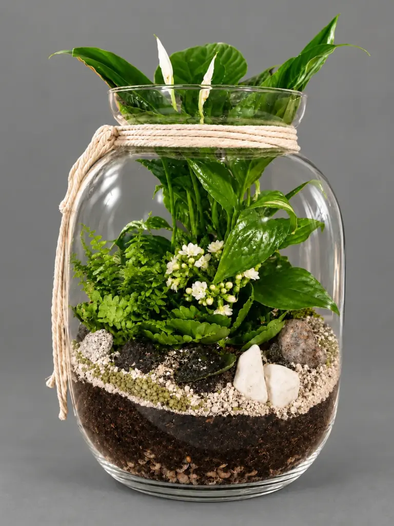 Terrarium w szklanym słoju ze skrzydłokwiatem, paprocią i kalanchoe, przewiązane sznurkiem