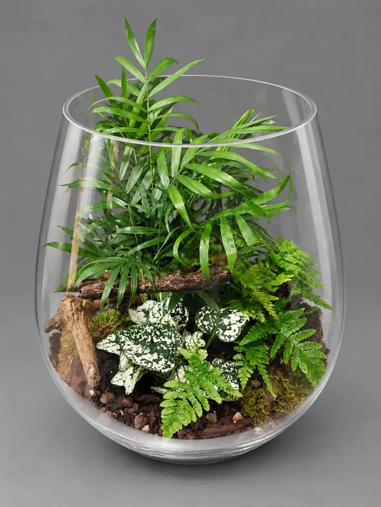 Terrarium w szkle z palmą, fittonią i paprocią