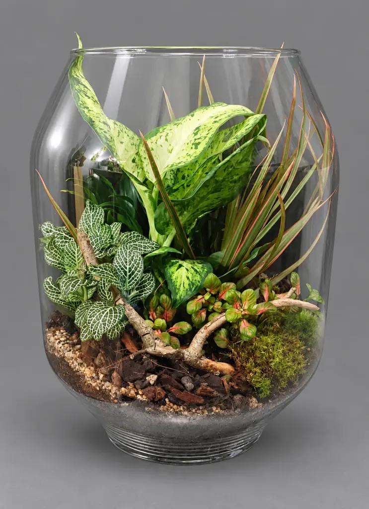 Terrarium z dieffenbachią i fittonią w szklanym naczyniu