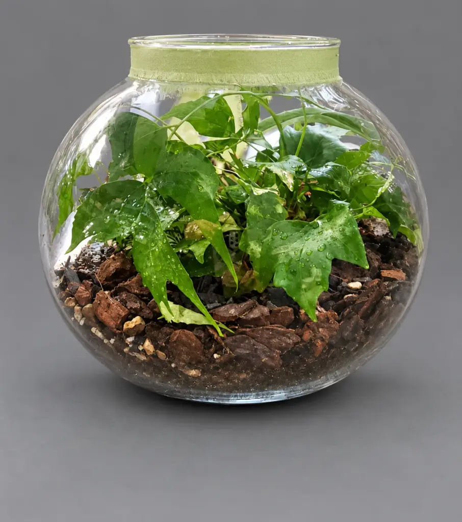 Terrarium w kulistym szkle z bluszczem i paprocią